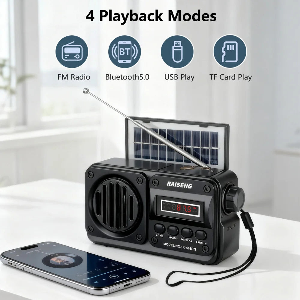 Solar Charging FM Radio Bluetooth Speaker with USB/TF MP3 Playback, Rechargeable Radio Receiver Portable Design for Home&Outdoor