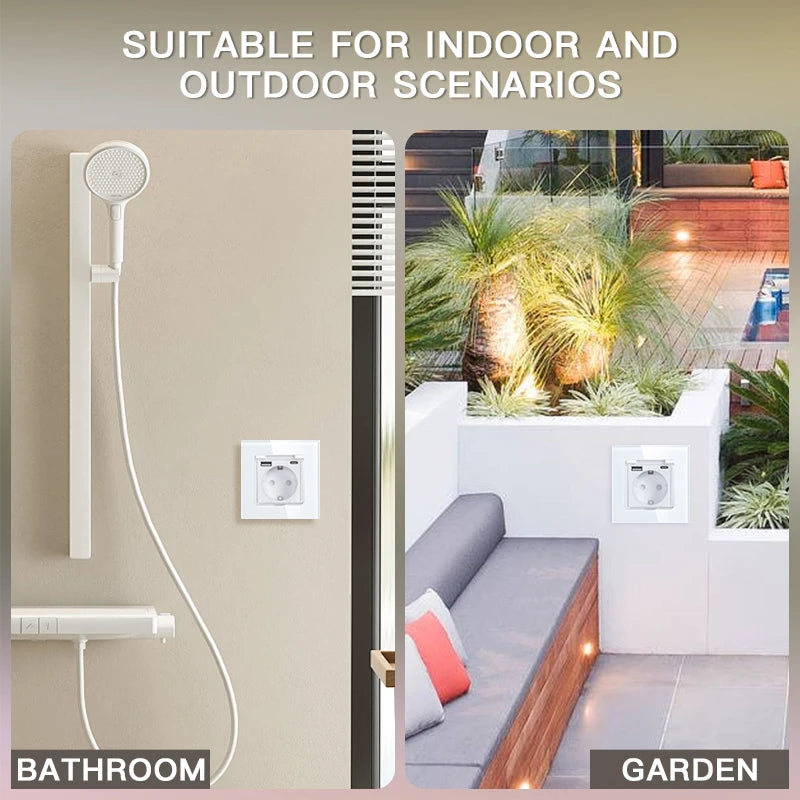 BSEED Single EU Wall Socket USB Type-c Ports Double Waterproof Cover Bathroom Power Sockets Triple Glass Electric Outlets 16A