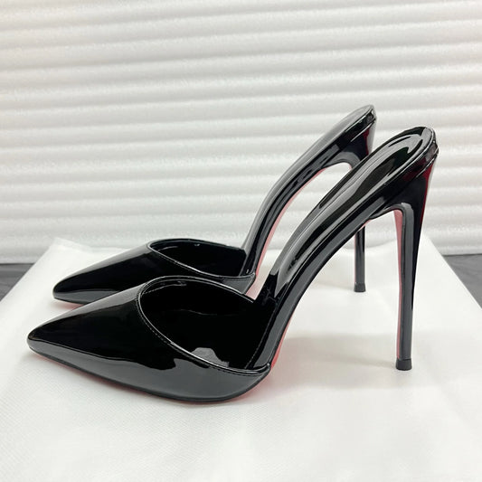 Summer black patent leather high heels with pointed toes shallow mouth thin heels slippers sexy versatile plus size lazy shoes
