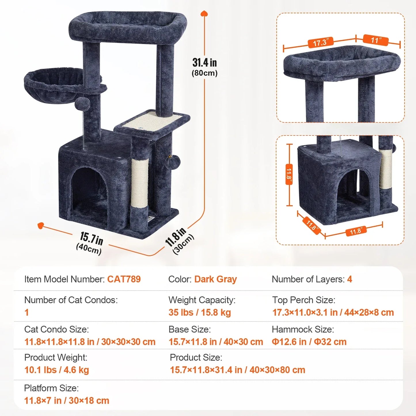 SucceBuy Cat Tree for Indoor Cats 45.2"  Tower with Cat Condo Sisal Scratching Post HammockTop Perch Jumping Platforms Dark Grey