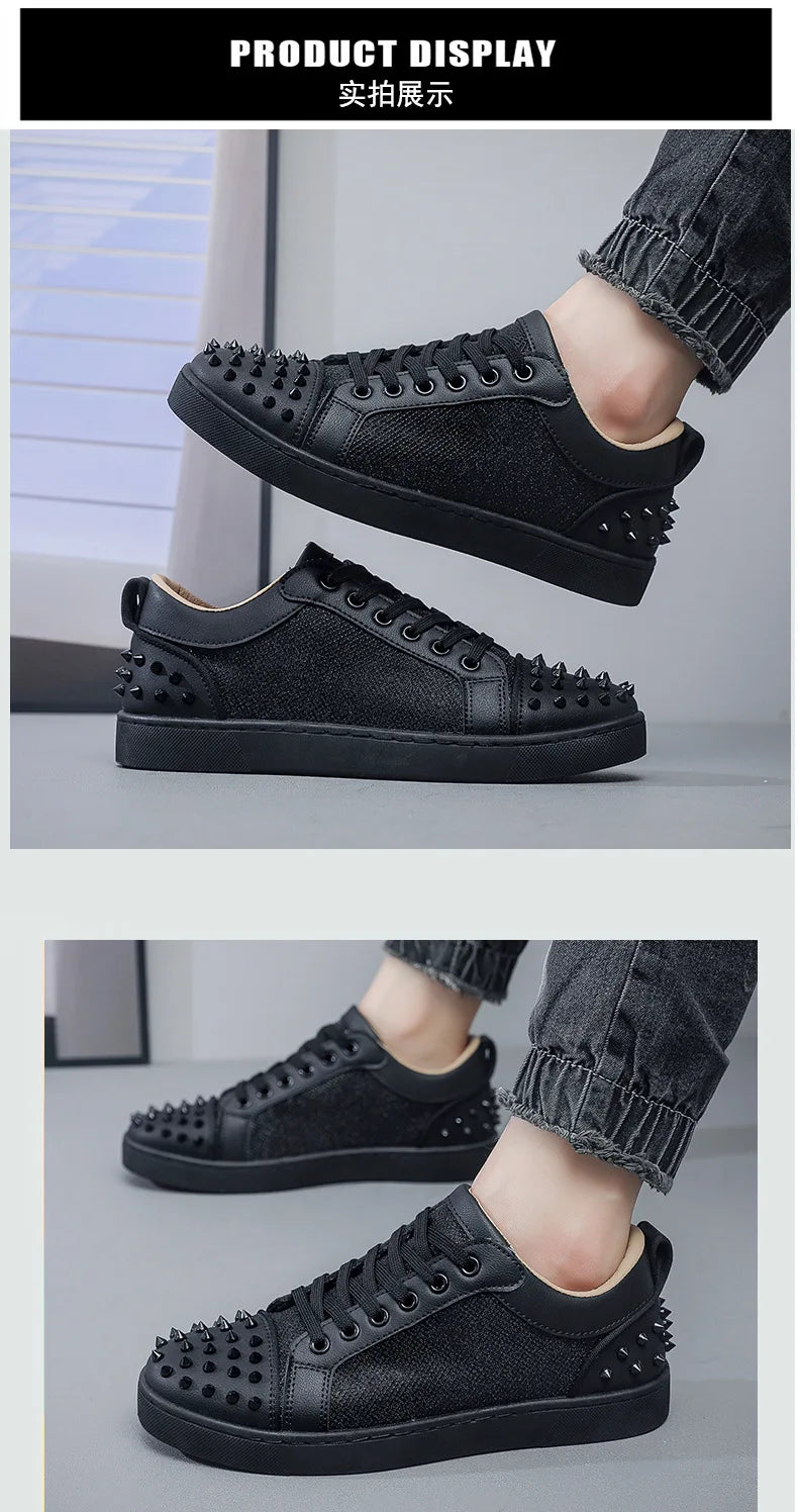 New Fashion Silver Trainers Glitter Spiky Shoes Men Lace Up Sneakers Low Top Shoes Red Sole Man Designer Sneaker With Spikes