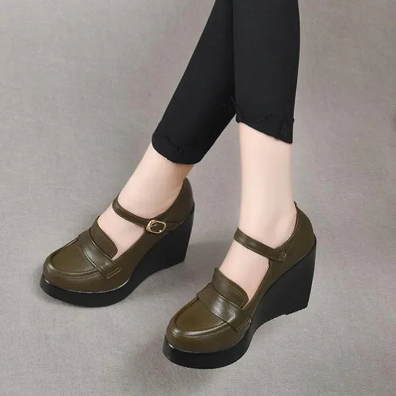 GKTINOO 2025 Wedges Women Shoe Spring Autumn Slip-On High Heels Round Toe Genuine Leather Casual Ladies Platform Shoes Woman