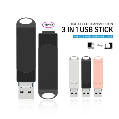 Rotate USB 3.0 Flash Drive 8GB 16GB with 3-in-1 Type-C to Lightning Interface 32GB Pendrive for iPad 11/12/13/14