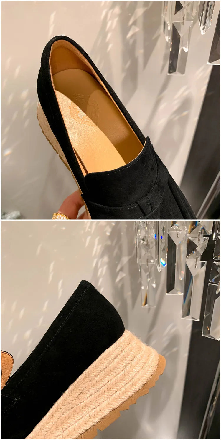 MKKHOU Fashion Loafers New High Quality Real Leather Suede Vintage Straw Braid Platform Shoes Daily Casual Light Shoes Neutral