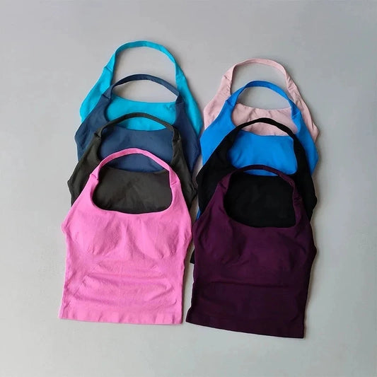 Seamless Halter Neck Yoga Tank Tops for Women Built-in Bra Padded Gym Top Sleeveless Shirt Fitted Backless Workout Clothes