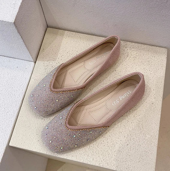 Shoes for Woman 2025 Diamond Flats Women's Summer Footwear Flat Square Toe Pink with Crystals Rhinestone Office 39 Beau Today E