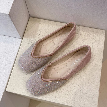 Shoes for Woman 2025 Diamond Flats Women's Summer Footwear Flat Square Toe Pink with Crystals Rhinestone Office 39 Beau Today E