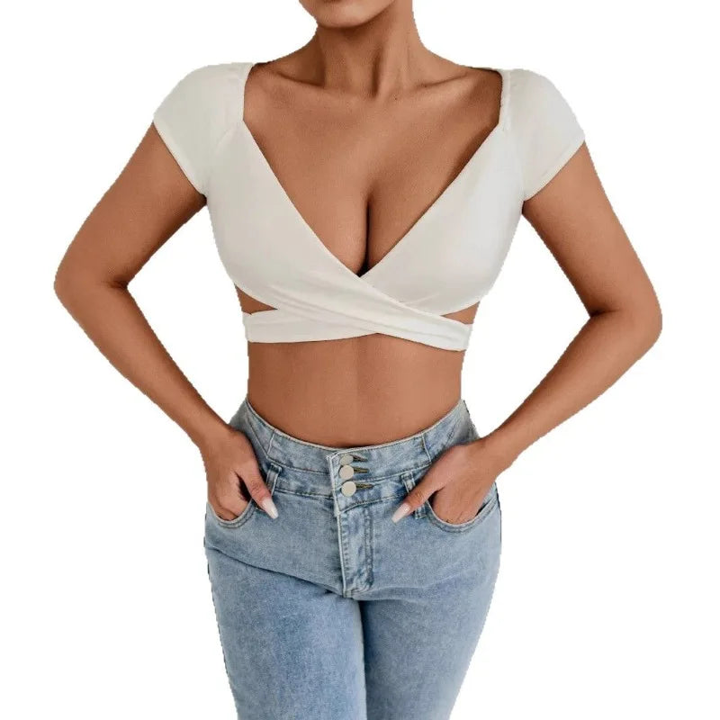 Summer Women's Sexy V Neck T-Shirt High Waisted Push Up Crop Top Stretchy Blend Daily Club Outfit Beach Elegant Curvy Fit Tee