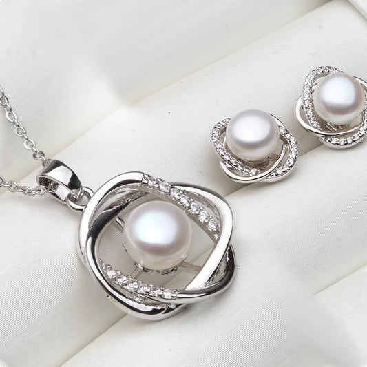 Real 925 Sterling Silver Necklace Earring Sets Women,Classic Wedding Natural Pearl Pendant Sets White Black Grey Gift