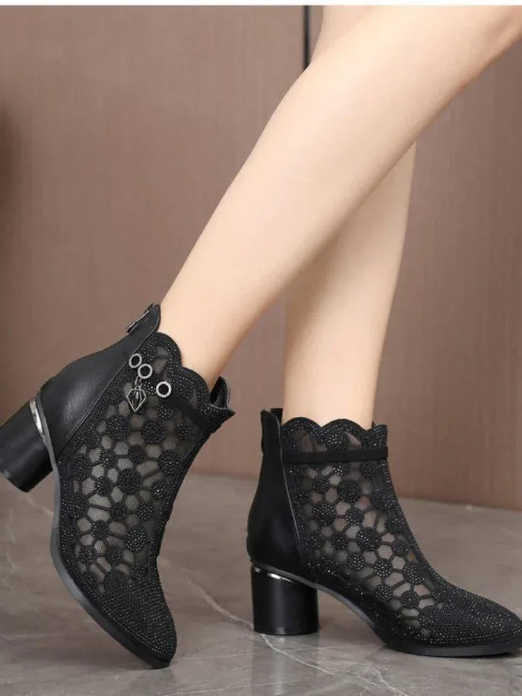 2025 Spring Summer Fashion Rhinestones Gauze Sandals Thick Heels Mesh Autumn Ankle Boots Female Hollow Women's Shoes