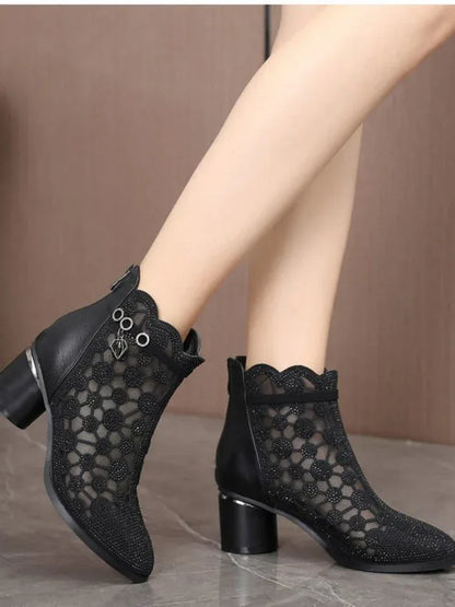 2025 Spring Summer Fashion Rhinestones Gauze Sandals Thick Heels Mesh Autumn Ankle Boots Female Hollow Women's Shoes