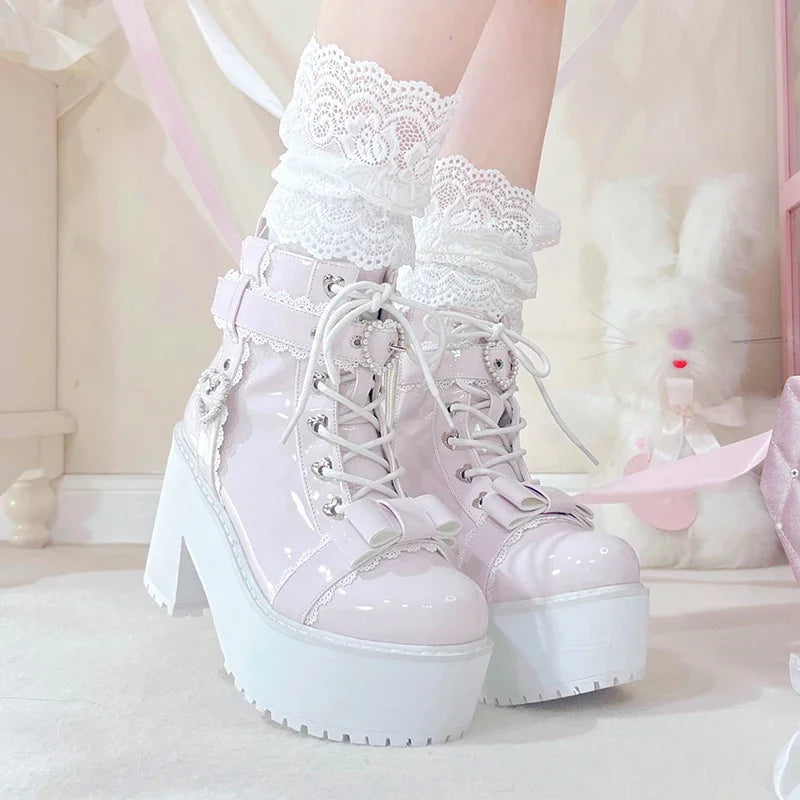 Japanese Mine Lolita Short Boots for Women Mass Production Love Rhinestone Buckle Bow Round Head Platform Boots Sweet Shoes