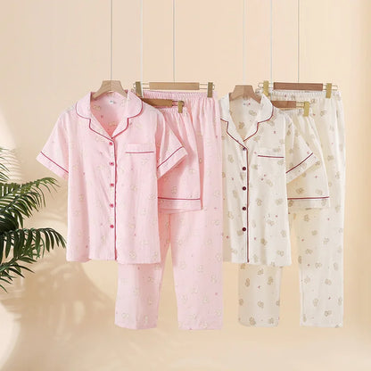 Summer Women Pajamas 3 Pieces Set 100% Gauze Cotton Female Sleepwear Bedroom Set Short sleeved long pants + shorts Woman Piiama