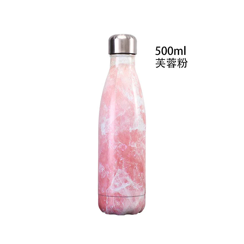 500ml Cola Shape Insulated Bottle, 304 Stainless Steel Vacuum Flask, Marble/Print Portable Water Bottle