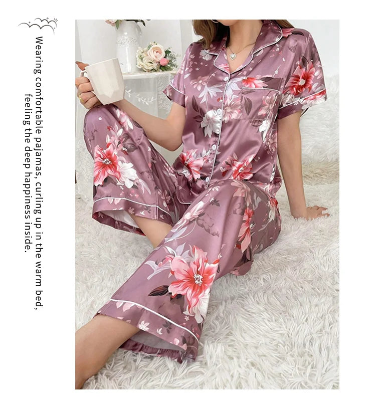 Satin Pajama for Women Flower Print Sleepwear Set Soft Comfort Home Clothes Autumn Short Sleeve Tops & Pants Pyjama Pijama Femme