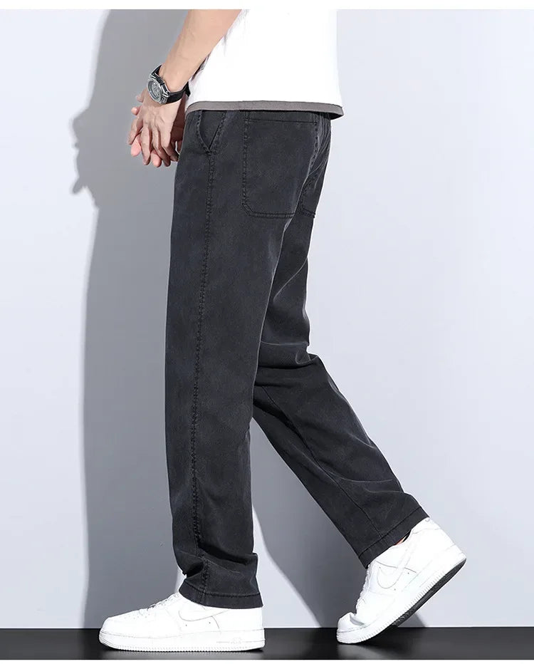 2024 Summer Jeans for Men Thin Soft Lyocell Fabric Loose Straight Wide Leg Pants Elastic Waist Casual Trousers Plus Size M-5XL