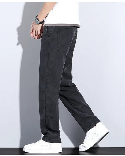 2024 Summer Jeans for Men Thin Soft Lyocell Fabric Loose Straight Wide Leg Pants Elastic Waist Casual Trousers Plus Size M-5XL