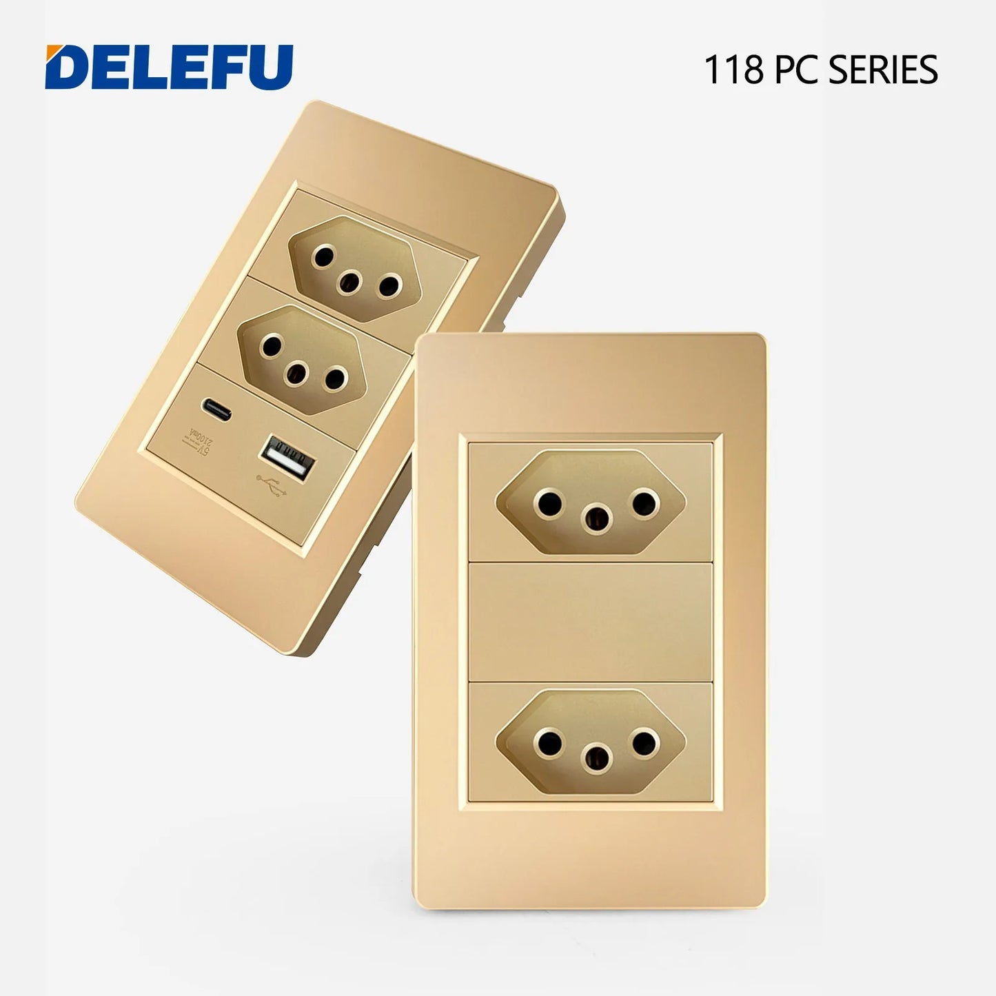 DELEFU Brazil Standard 10A 20A Gold Fireproof PC Panel Dual USB Type C Home Wall Light Switch Safe Power Socket