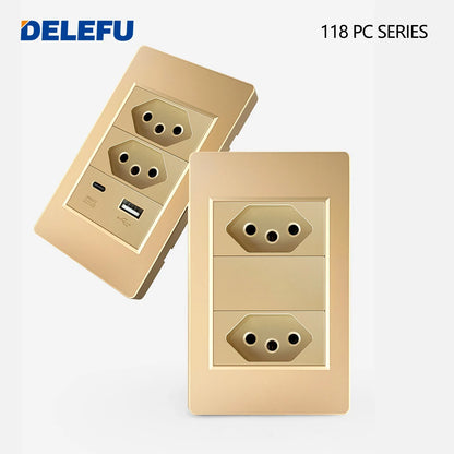 DELEFU Brazil Standard 10A 20A Gold Fireproof PC Panel Dual USB Type C Home Wall Light Switch Safe Power Socket