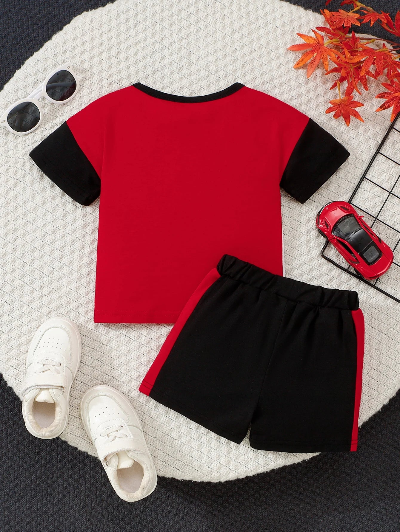 Summer Baby Boys 6-12M Red Black White Color Block "Future" Print Short Sleeve T-Shirt & Elastic Waist Shorts 2Pcs Set Casual Da
