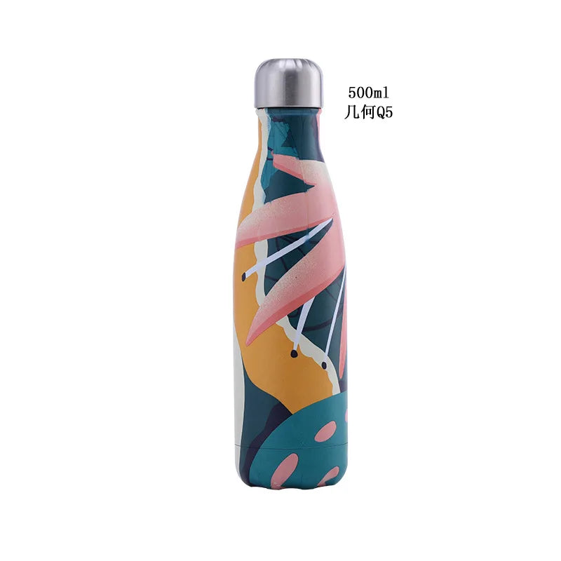 500ml Cola Shape Insulated Bottle, 304 Stainless Steel Vacuum Flask, Marble/Print Portable Water Bottle