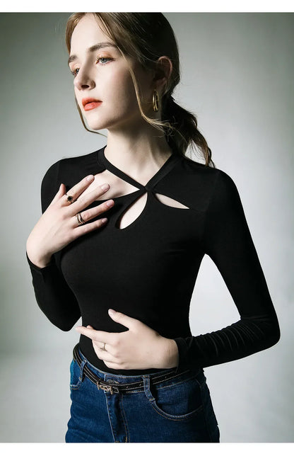 Spring Autumn Modal T-shirts Women Long Sleeve Irregular Collar Hollow Out Tees Shirts Female Base Tops