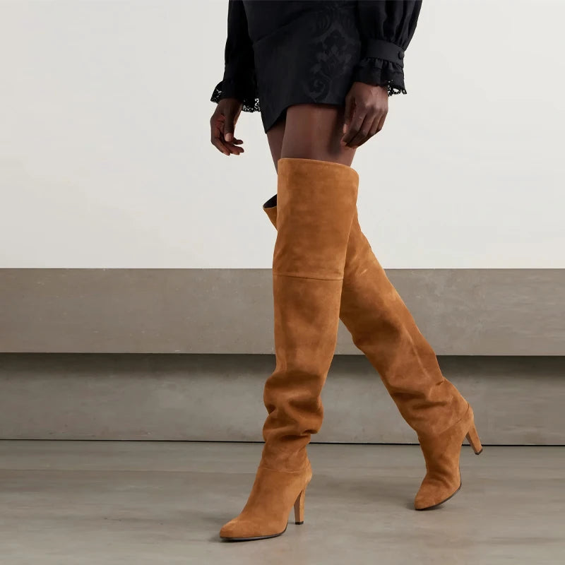 Autumn and Winter Women's Thick High-heeled Knee High Boots, Round Headed Cowhide Suede Fashionable Women's Plus Size Boots