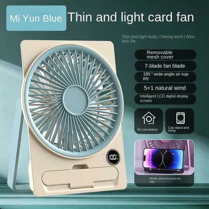 Ultra-thin Desktop Fan Digital Display USB Charging Strong Wind Portable Silent Card Style Fan Dormitory Office Summer Small Fan