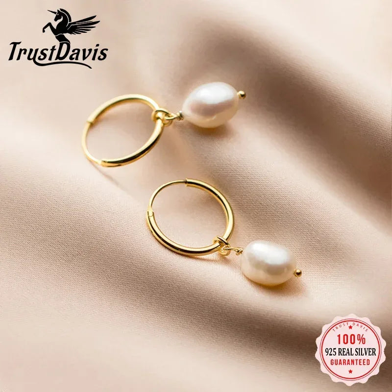TrustDavis Real 925 Sterling Silver Sweet Irregular Baroque Pearl Hoop Earrings For Women Wedding Valentine's Day Jewelry DB338