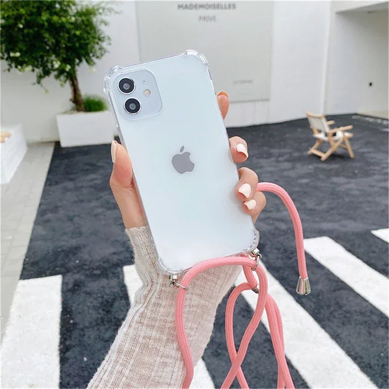 Necklace Lanyard Strap Chain Phone Case For iPhone 16 15 14 13 Pro Max 12 11 XS X XR Mini 7 8 Plus Transparent Soft Rope Cover