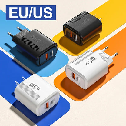 65W GaN USB C Fast Charger QC3.0 EU/US Plug Phone Charger Adapter For iPhone Samsung Xiaomi Quick Charging Type C Wall Charger