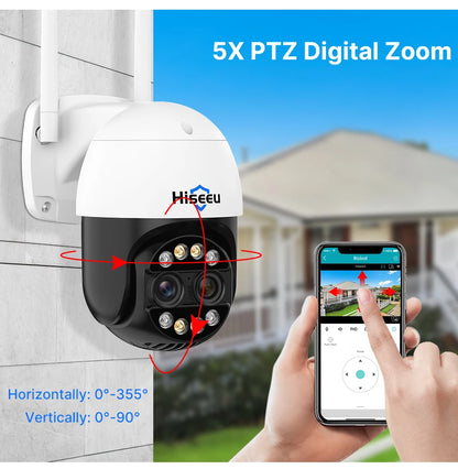 Hiseeu 4K 8MP Dual Lens PTZ Wifi IP Camera 8X Zoom Outdoor HD Full Color Night Vision Human Detection Video Surveillance Cameras