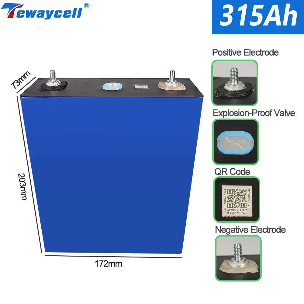 Tewaycell 3.2V 315Ah 320Ah Lifepo4 Lithium Ion Battery 12V 24V 48V Rechargeable Battery Pack for DIY Home Energy Storage