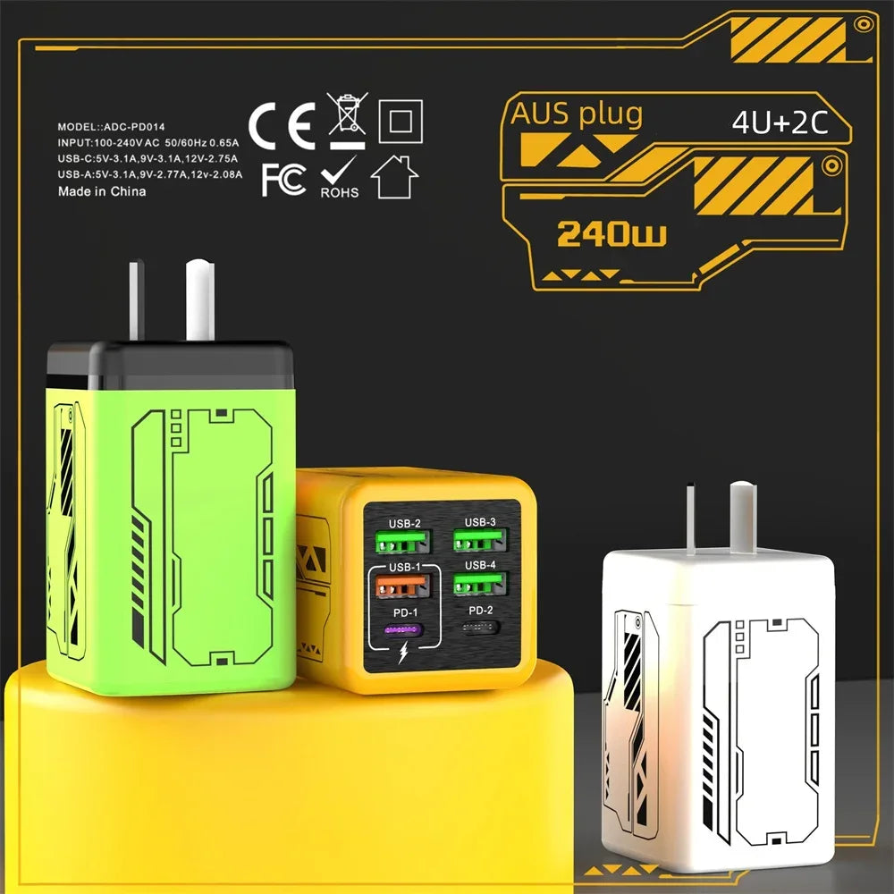 240W 6 Ports USB C Charger Fast Charging EU/US/UK Wall Charger For iPhone Samsung Xiaomi Type C Quick Charge Phone Power Adapter