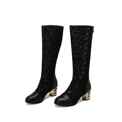 Spring and Autumn New Style Fashion square Heel Mesh Hollow Women's Boots Sweet Breathable knee high boots high 5.5cm size 34-47