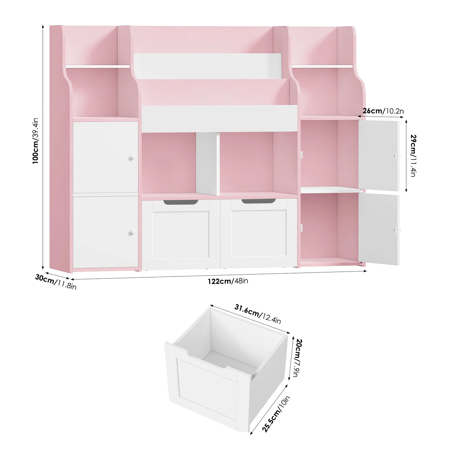 Getone Toy Storage , Childrens Bookcase,Unit 3-tier Kids Bookshelf, Kids Storage with 2 Drawers with Wheels, 4 Doors, 6 Open Shelves,multi-functional toy storage unit122x30x100cm