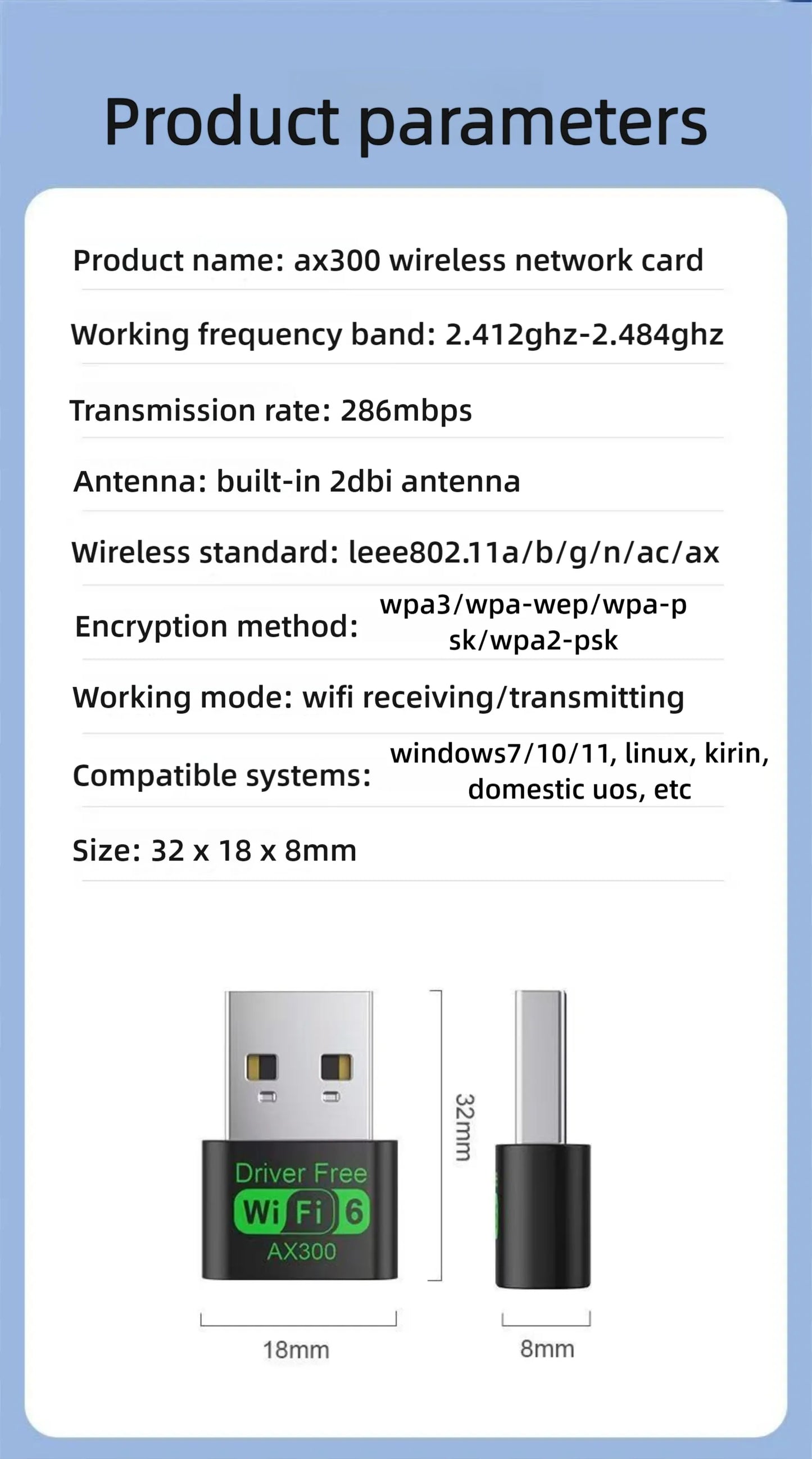 WiFi 6 AX300 WiFi USB Adapter Wireless Network Card 2.4G Wi-Fi Dongle Dual Band Antenna USB For PC/Laptop Win10/11 Driver Free