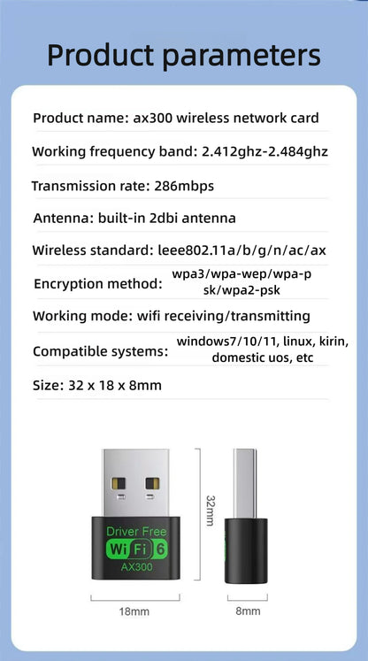 WiFi 6 AX300 WiFi USB Adapter Wireless Network Card 2.4G Wi-Fi Dongle Dual Band Antenna USB For PC/Laptop Win10/11 Driver Free