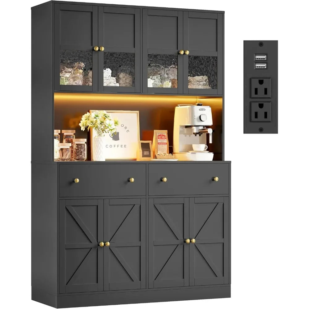 71 Inch Pantry with LED Light and Charging Station, Farmhouse Kitchen Pantry with Microwave Mount, 47.2 Inch Wide Kitchen Pantry
