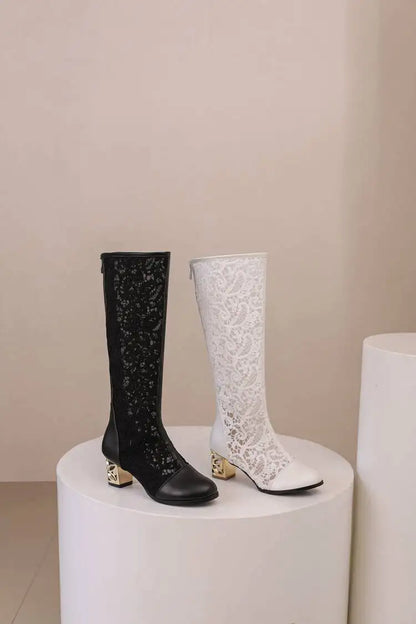 Spring and Autumn New Style Fashion square Heel Mesh Hollow Women's Boots Sweet Breathable knee high boots high 5.5cm size 34-47