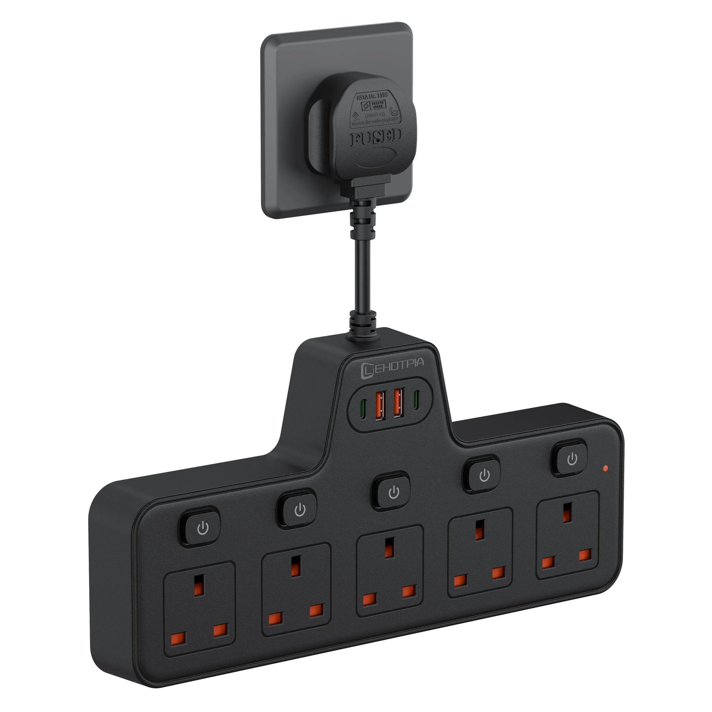 2500W UK Plug Power Strip Wall Mounted Independent Switches, Multitap Network Filter USB-C Ports 2.1A Fast Charging Adapter