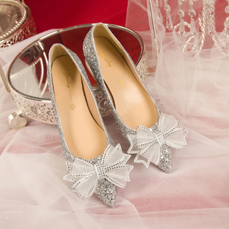 Crystal Butterfly-knot Flat Wedding Shoes Slip  Shoes Women Shiny Gold Silver Bridal Shoes Beaded  Flat Heels Med (3cm-5cm)