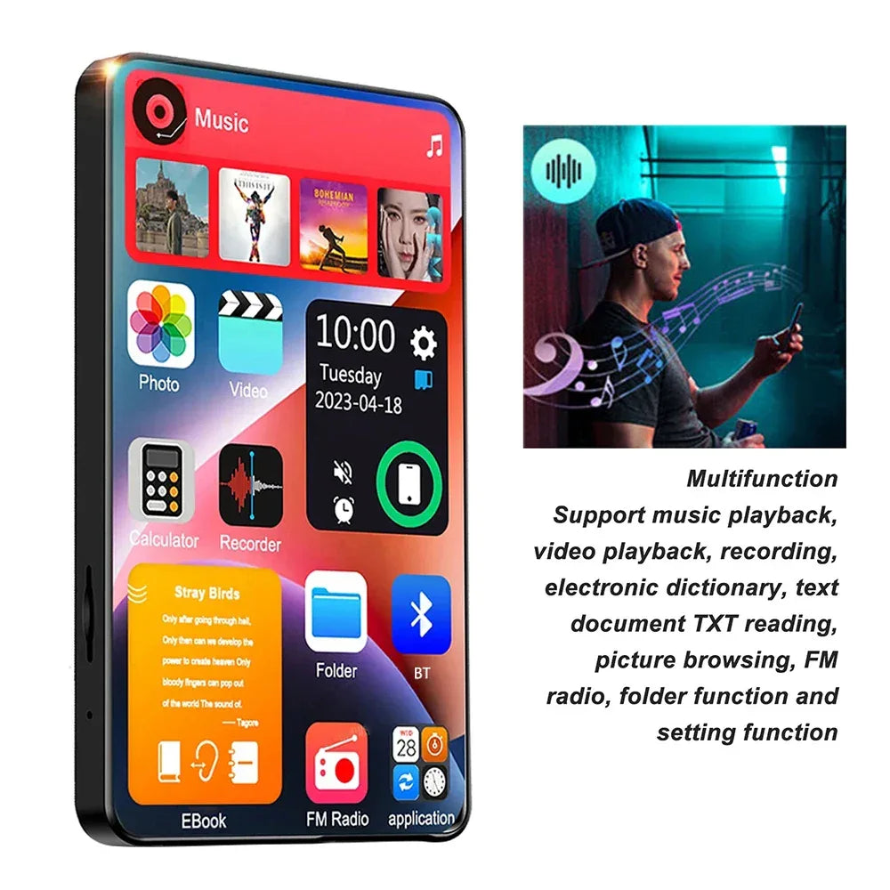 4 Inch Full Touch Screen MP3 Player Bluetooth 5.2 Walkman MP4 16GB Built-in Speaker Music Player with FM Radio Recorder E-Book
