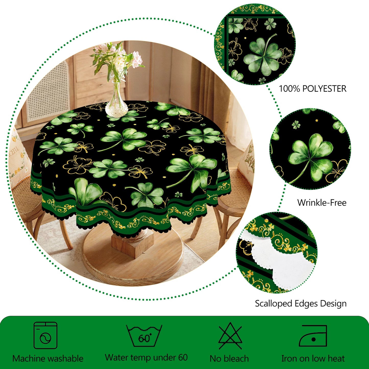 1 Piece of Clover Green Round Tablecloth, 5 Sizes Available, St. Patrick's Day Clover Pattern Printed Tablecloth, Edge Embossing Process, Spring Garden Tablecloth Decoration, Tablecloth for Daily Home Kitchen, Terrace, St.Hol