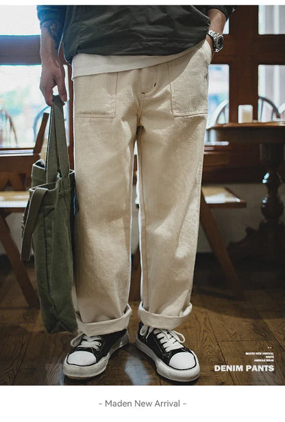 Maden Retro Cotton Seed Shell White Denim Jeans 11.2OZ Loose Straight Long Pants Cargo Pants Sweatpants Men Causal Trousers