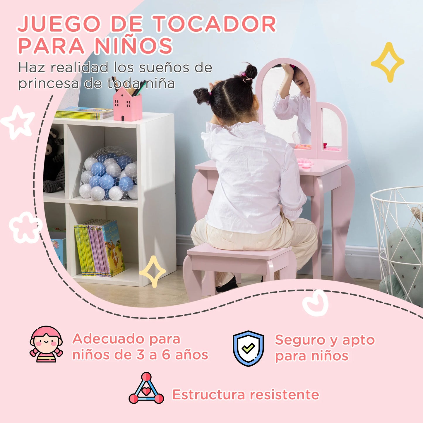Homcom Children's Dressing Table with Mirror and Stool Children's Dressing Table Makeup Table for Girls from 3 to 6 Years with Drawer Pink