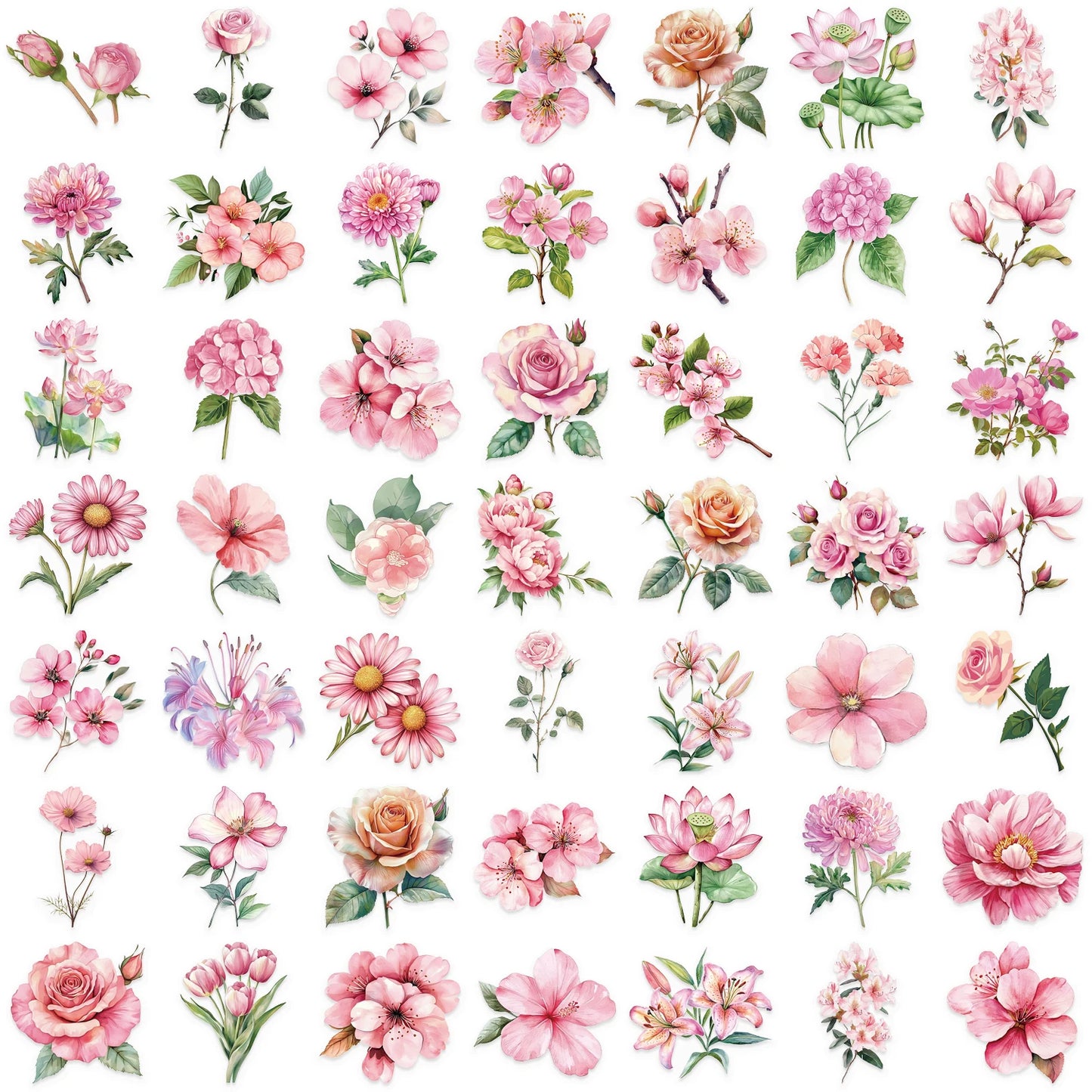 50pcs Pink Floral Stickers Flower Natural Journaling Notebook Water Bottle Decorative Decals Aesthetic Waterproof PET Sticker