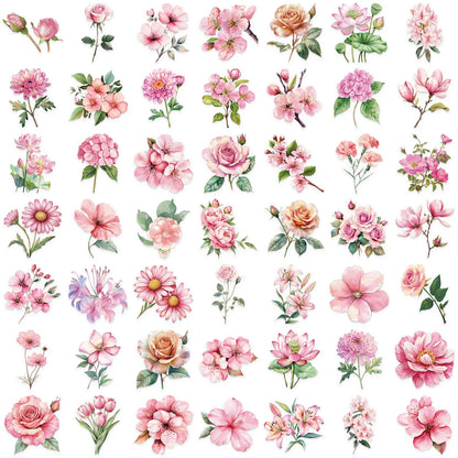 50pcs Pink Floral Stickers Flower Natural Journaling Notebook Water Bottle Decorative Decals Aesthetic Waterproof PET Sticker