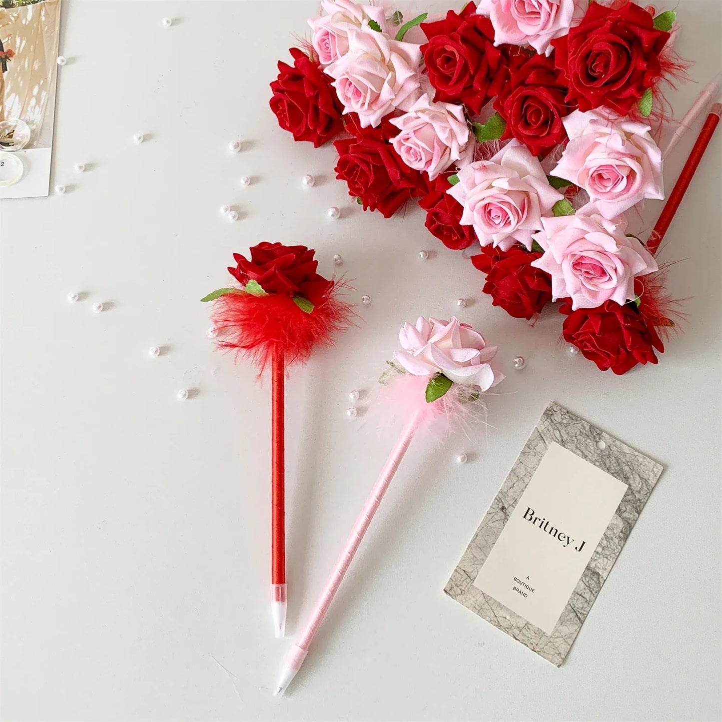 10pcs/set Simulated Rose Shaped Ballpoint Pen Valentine's Day Desktop Decoration Supplies Student Writing Supplies Set