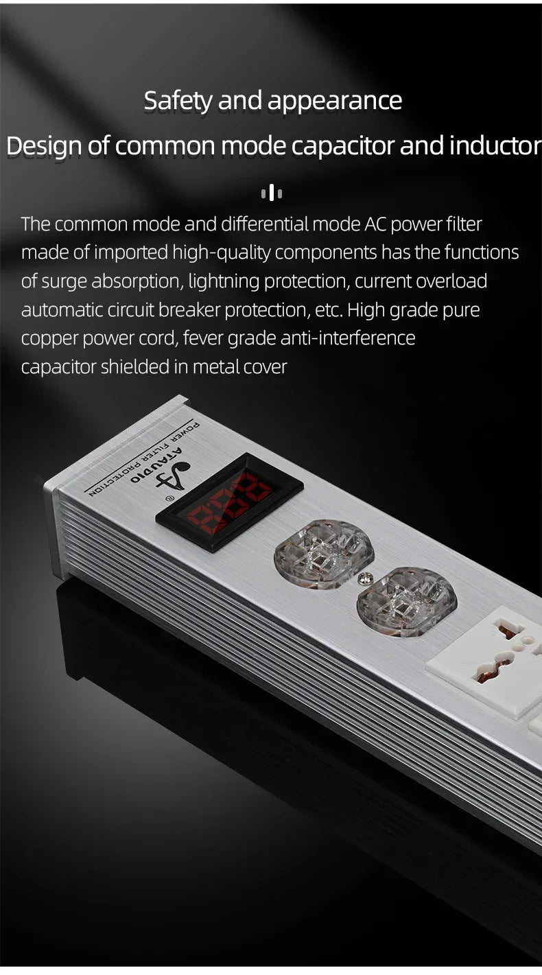 ATAUDIO Hifi Power Filter Power Power Conditioner Purifier Surge Protection with US Plug and Universal Socket